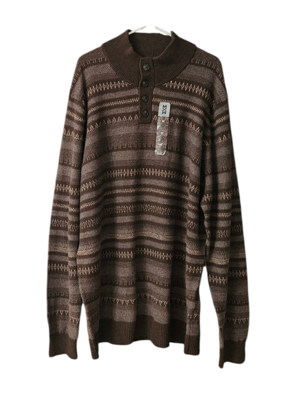 Mutual Weave Men's Mock Neck Pullover Sweater NEW 2XL Buttons Brown Stripe